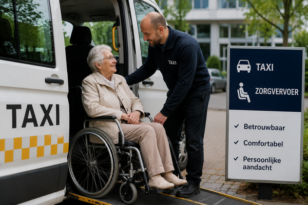 Chauffeur helpt oudere passagier bij het instappen in een zorgtaxi voor aangepast vervoer