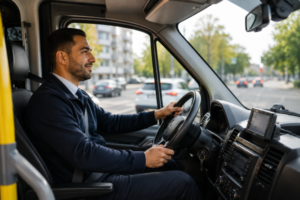 Professionele taxichauffeur achter het stuur van een zorgvervoerbus tijdens een rit door de stad