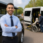 Taxichauffeur vervoert een oudere passagier in zorgvervoer terwijl een begeleider helpt tijdens de rit