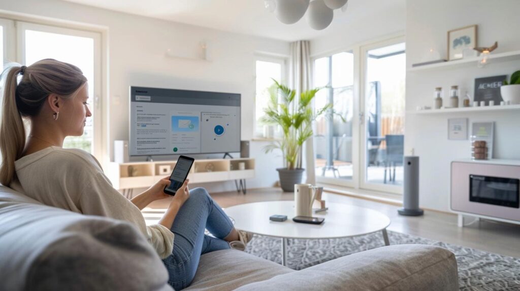 Een vrouw die thuis op de bank zit met haar telefoon, die ze via AI aan de tv gekoppeld heeft.