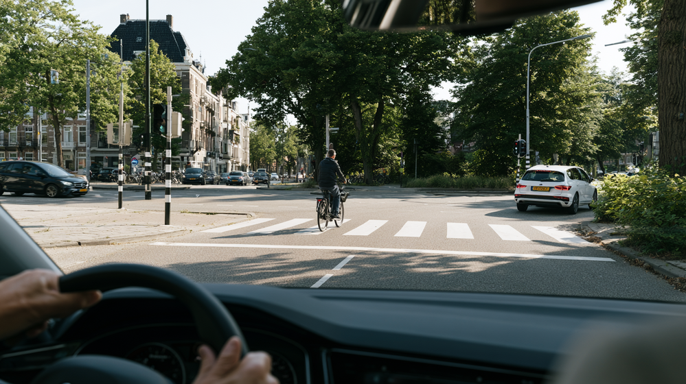 Automobilist let op oversteekende e-bike bij druk kruispunt