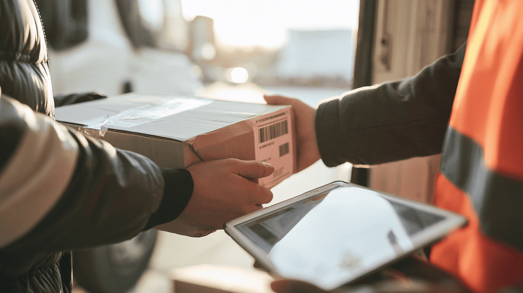 Medewerker draagt een gelabelde spoedzending over aan een chauffeur bij het laadperron